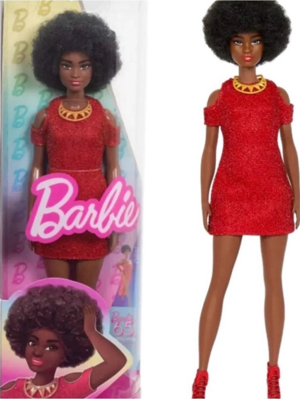 Barbie Fashionista #221 Doll 65th Anniversary Black Hair Red Dress HRH18 NEW